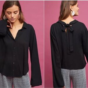 Anthropologie Black Long Sleeve Blouse with Bow Detail